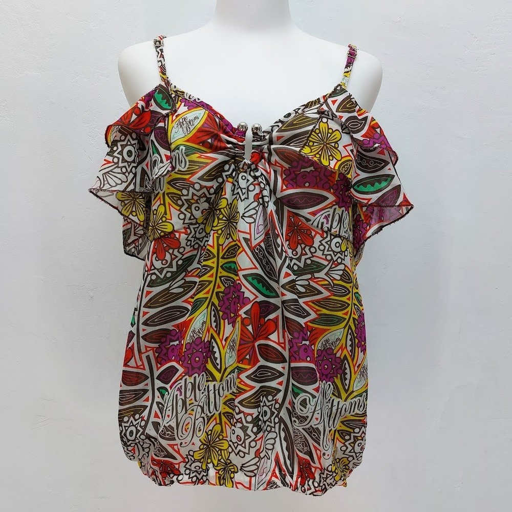 Apple Bottoms Cold Shoulder Top Women's Medium Multi-Color Floral Ruffle Y2K Mod